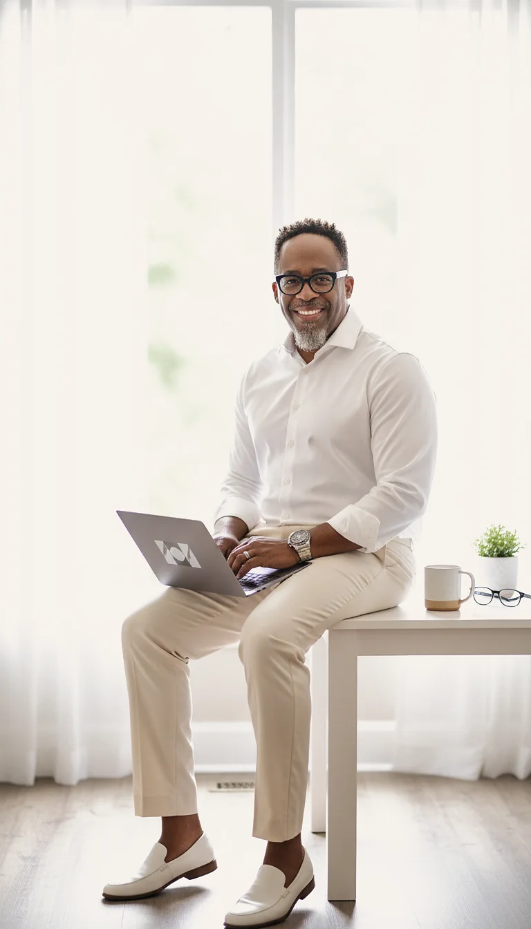 Kenneth smiling, seated by a sunlit window with a laptop, in a white shirt and cream trousers