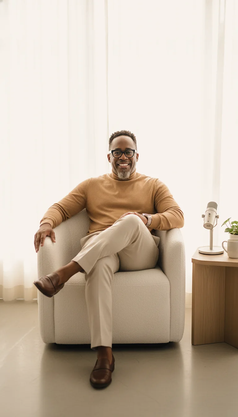 Kenneth seated in a cream armchair in a camel sweater, smiling, beside a studio microphone and soft window light