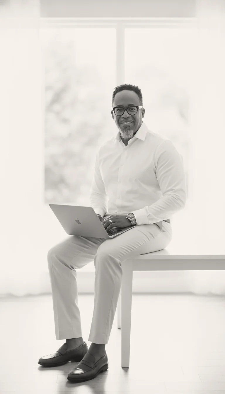Black and white portrait of Kenneth seated by a bright window with a laptop on his knee