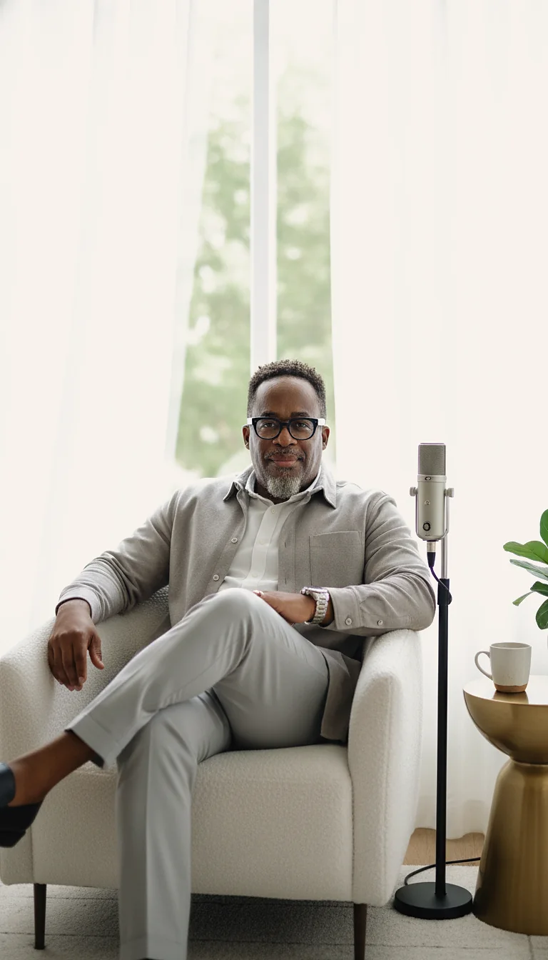 Kenneth seated in a cream armchair beside a studio microphone, sheer curtains behind him